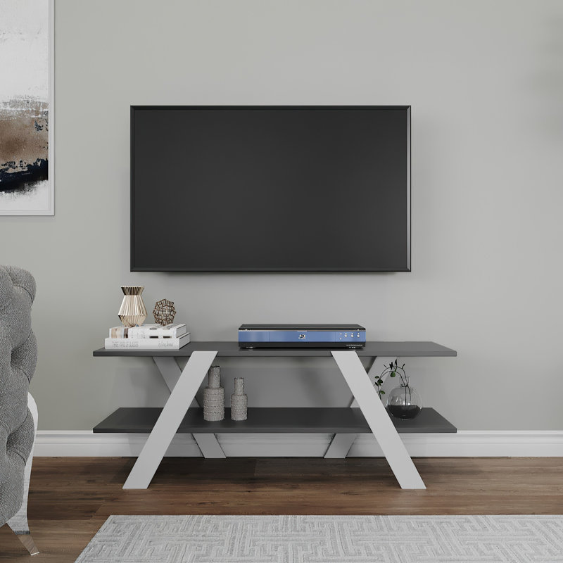 Scandinavian TV Stand, 47.2 x 13.0 x 11.8 Inches, White & Anthracite | 100% Melamine Coated Particle Board, 0.71 Inches Thick | 100% Metal Frame, Wall-Mountable, Multiple Shelves for Modern Living Room Storage