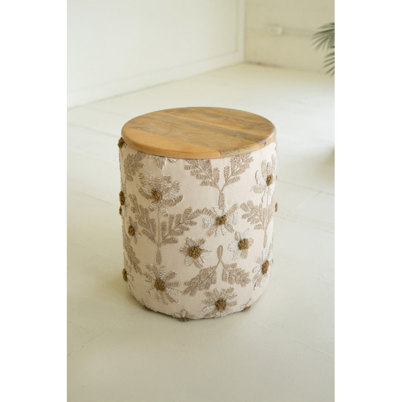  Table d'appoint ronde en bois de manguier brodé - hauteur 18,5 po