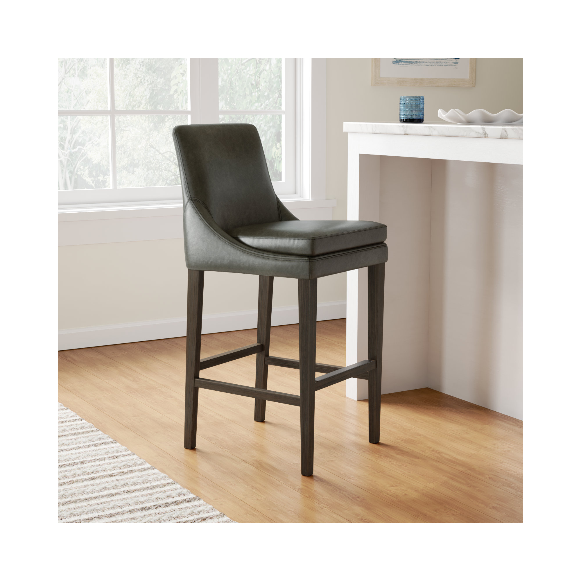 Niara Upholstered Leather Counter & Bar Stool, Copley Slate Faux Leather/Brown, Bar Stool (30” Seat Height)