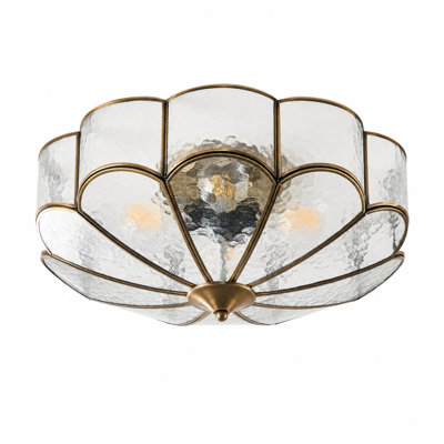 Antique Brass Lotus Flush Mount Light with Hammered Water Ripple Glass