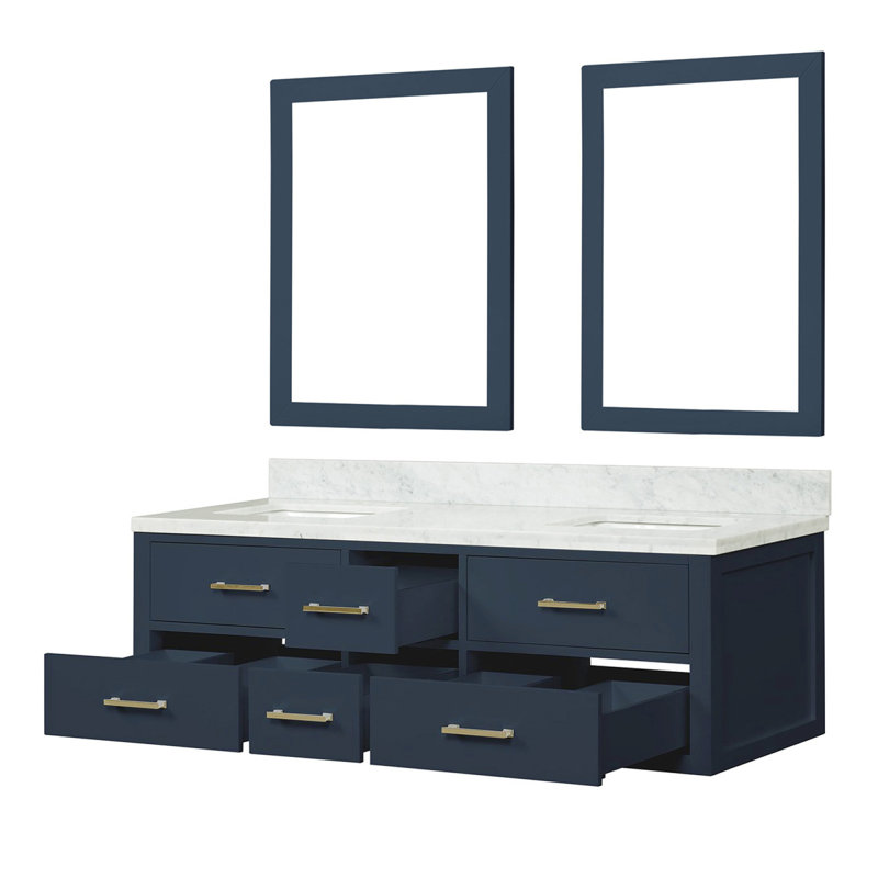 Meuble-lavabo double bleu l 60 po x P 22 po, comptoir en marbre de Carrare et miroirs 28 po