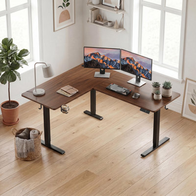 Bureau debout en L réversible de 75 po, réglable en hauteur avec porte-gobelet, poste de travail électrique en coin, bureau personnel assis-debout, jeu ergonomique, noyer noir