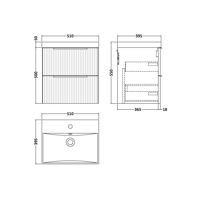 Fluted 510 mm Single Vanity with Drop In Basin, Satin White