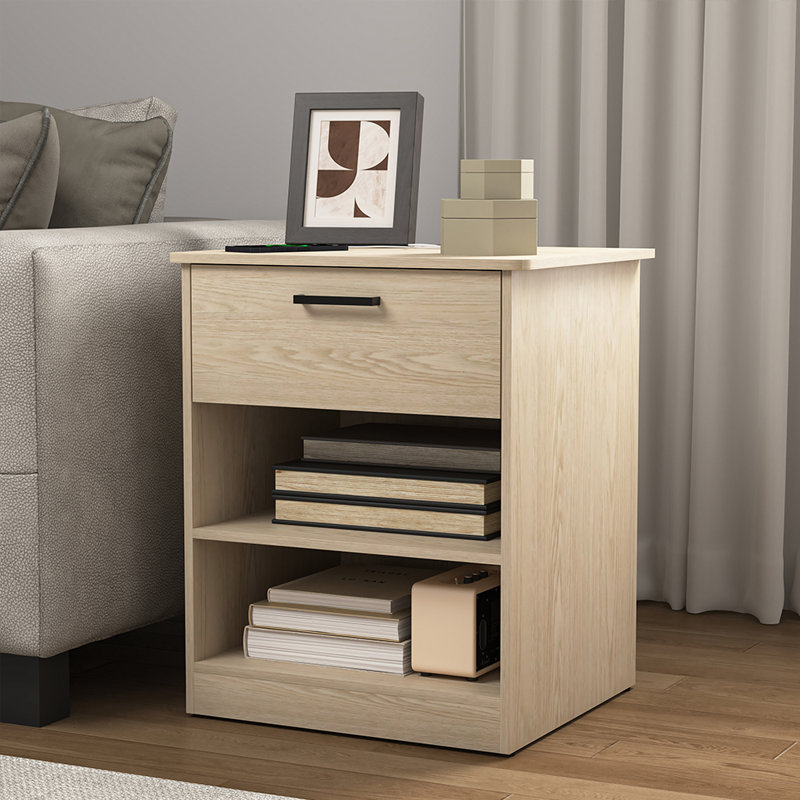Wooden Nightstand Bedside Table With 1 Drawer And Shelves, End Table For Bedroom, Beige