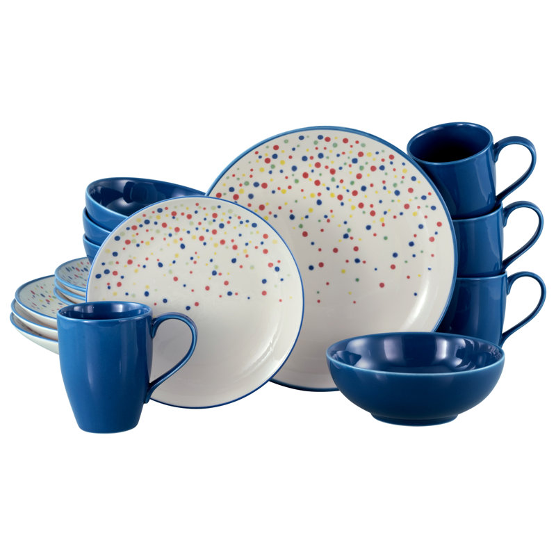 Joy Piece Stoneware Dinnerware Set - Service for 4, Blue / White / Grey
