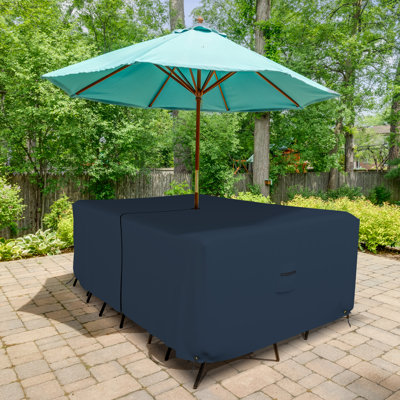 Housse pour ensemble de salle à manger rectangulaire extensible et robuste avec trou pour parasol