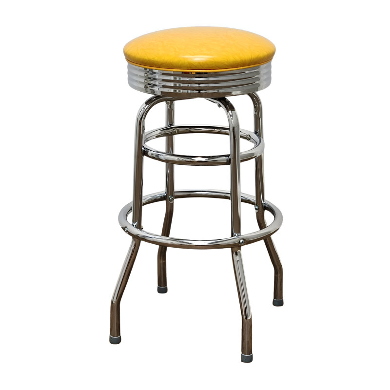 Retro Home Double Ring Chrome Pan Swivel 30" Bar Stool, Mustard