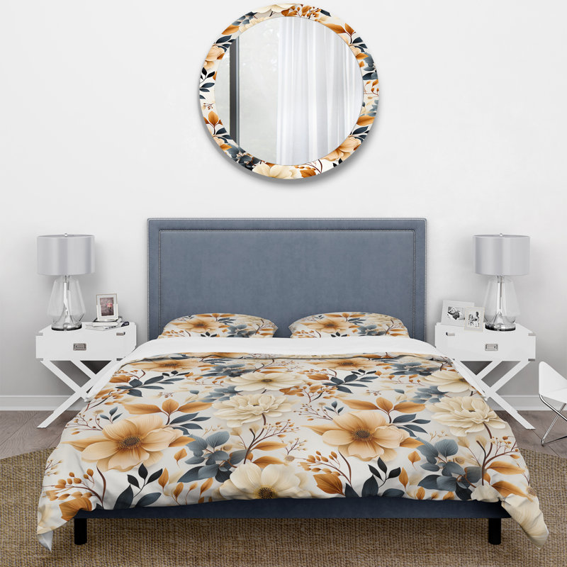 Boho Earthy Floral Queen Duvet Cover Set in Beige Microfiber