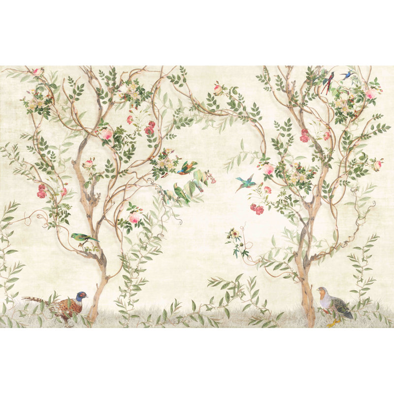 Papier peint rétro avec oiseaux et fleurs, L 115 po x l 225 po, Beige