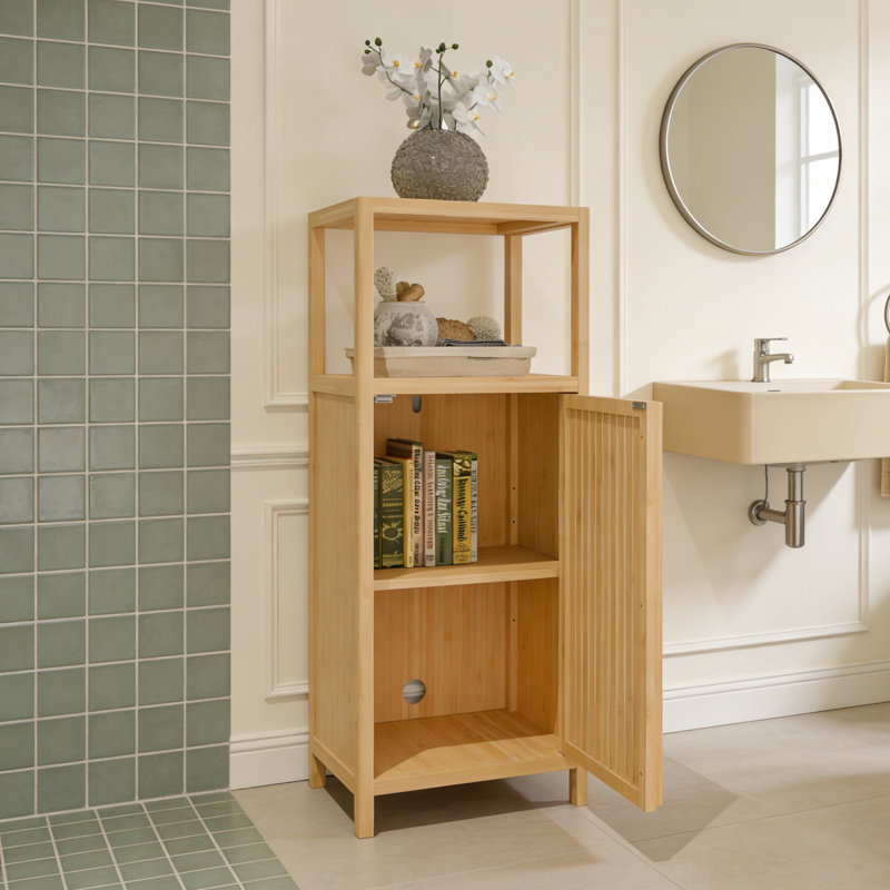 Bamboo Bathroom Storage Cabinet With Magnetic Doors And Shelves