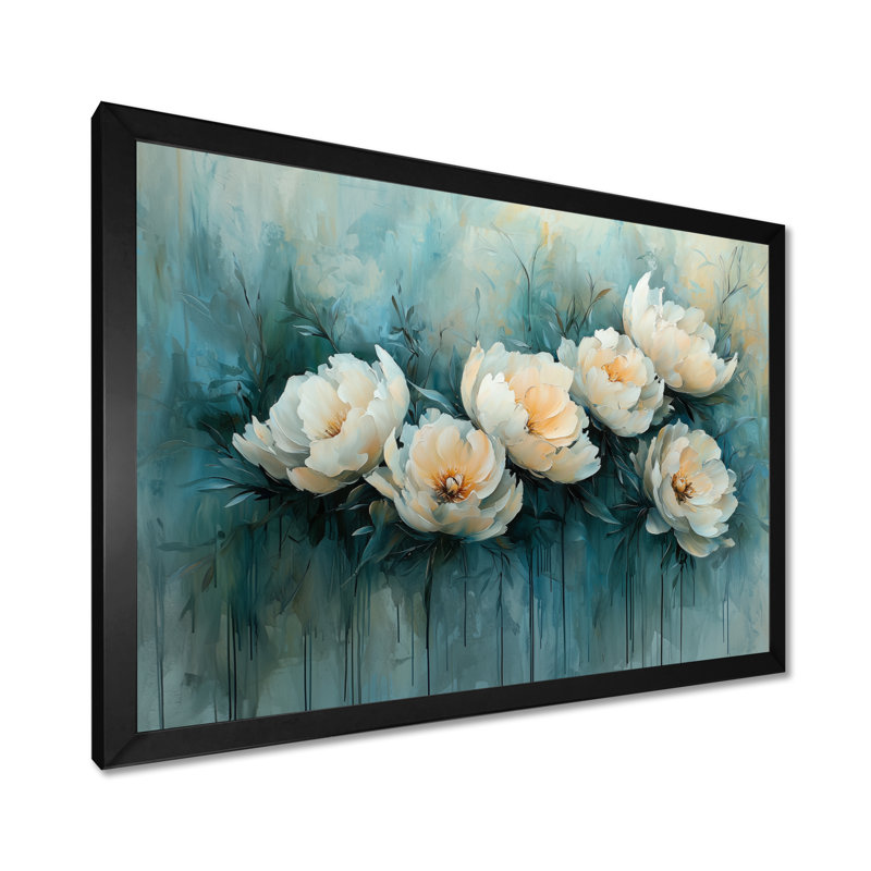 «Winter Blue Watercolor Peony Elegance III», reproduction d'art sur toile encadrée, H 12 po x l 20 po, Cadre simple noir