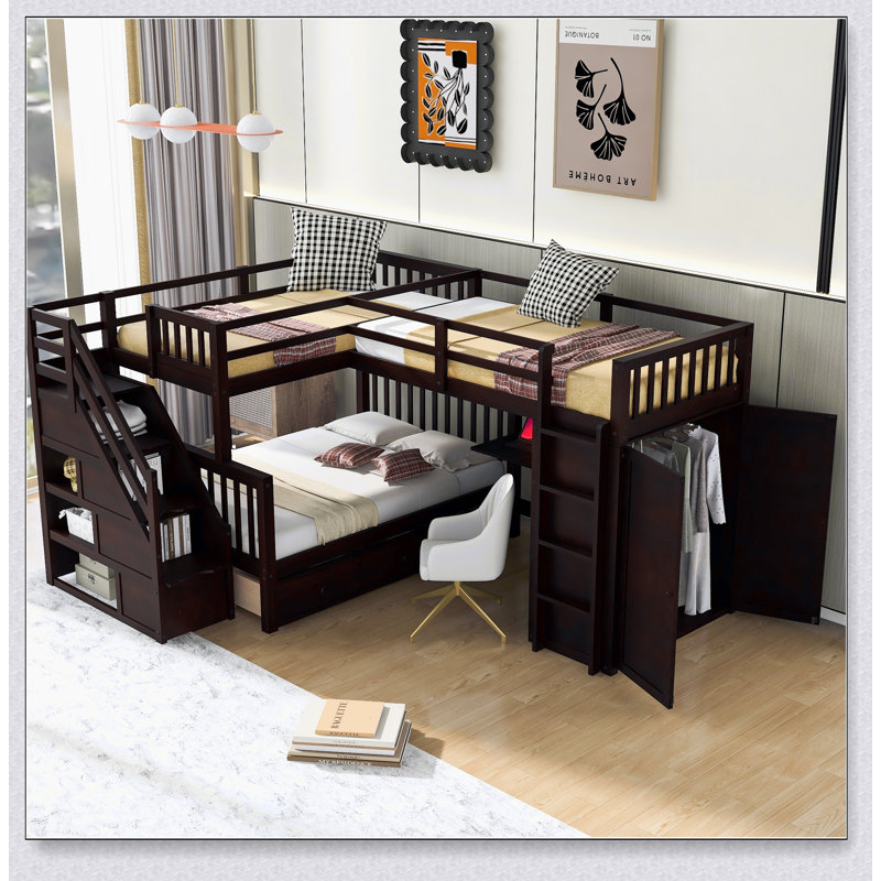 Twin-Twin Over Full L-Shaped Bunk Bed With 3 Drawers, Portable Desk And Wardrobe, Espresso