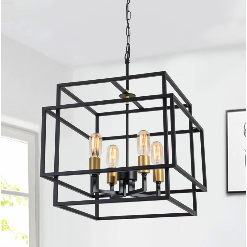 Suspension carrée moderne à 4 lumières, style ferme, avec chaîne de suspension ajustable, noire et dorée., Noir et or