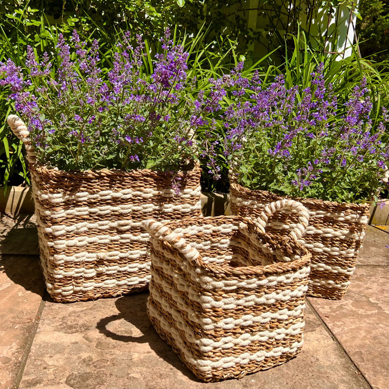 White And Beige Striped Wicker Baskets