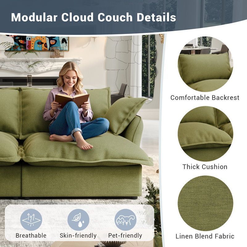 Rinnie Upholstered Sofa, Cloud Sofa, Modular Sectional Sofa 3 Seat Couch for Living Room, Green