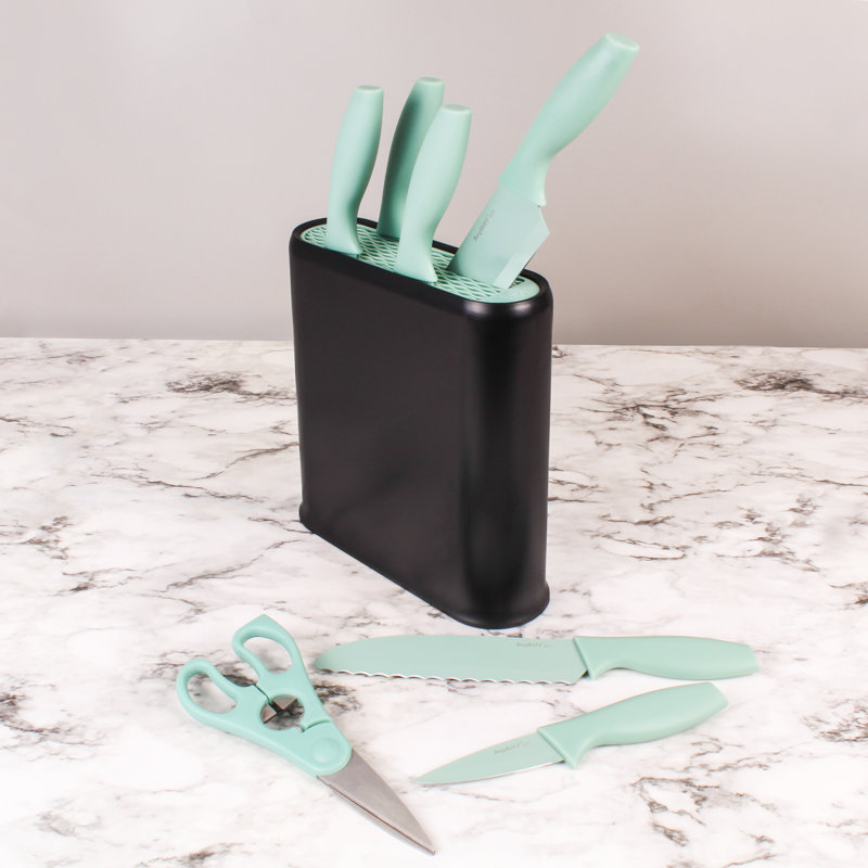 8Pc PP Knife Set With Universal Block Knife Block, Grey, Green