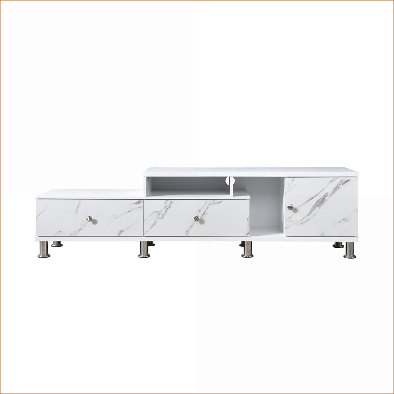 Console de meuble télé, blanc moderne avec détails en faux marbre, pieds argentés et amp; Rangement | Blanc | Dimensions du téléviseur de 60 à 69 pouces