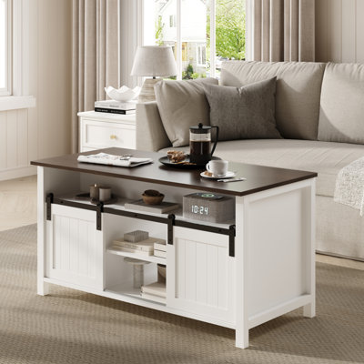 Farmhouse Coffee Table With Storage, Rustic Living Room Table With Sliding Barn Doors & Hidden Compartment, Wooden Centre Table For Living Room, White