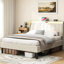Grand lit plateforme avec tête de lit rembourrée et bois métallique, capacité de poids de 800 lb, 2 prises de courant, beige, instructions d'installation simples, lattes rembourrées, assemblage-535496217