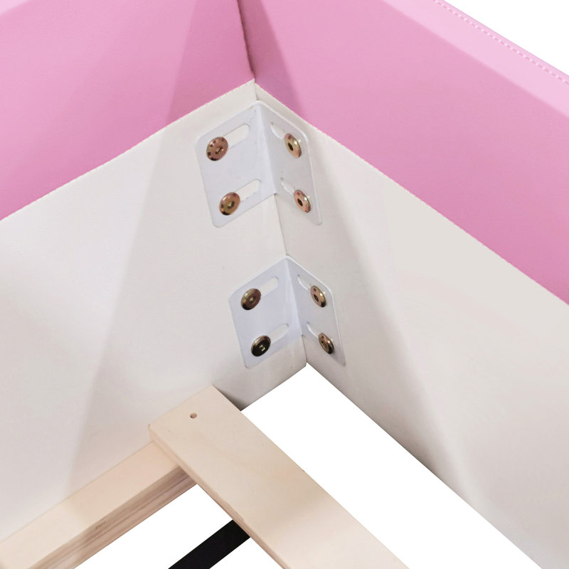 Structure de lit simple avec clôture rembourrée et escalier en blanc rose, fabriquée en éponge, 10 lattes, taille à installation rapide, conception confortable, facile à construire