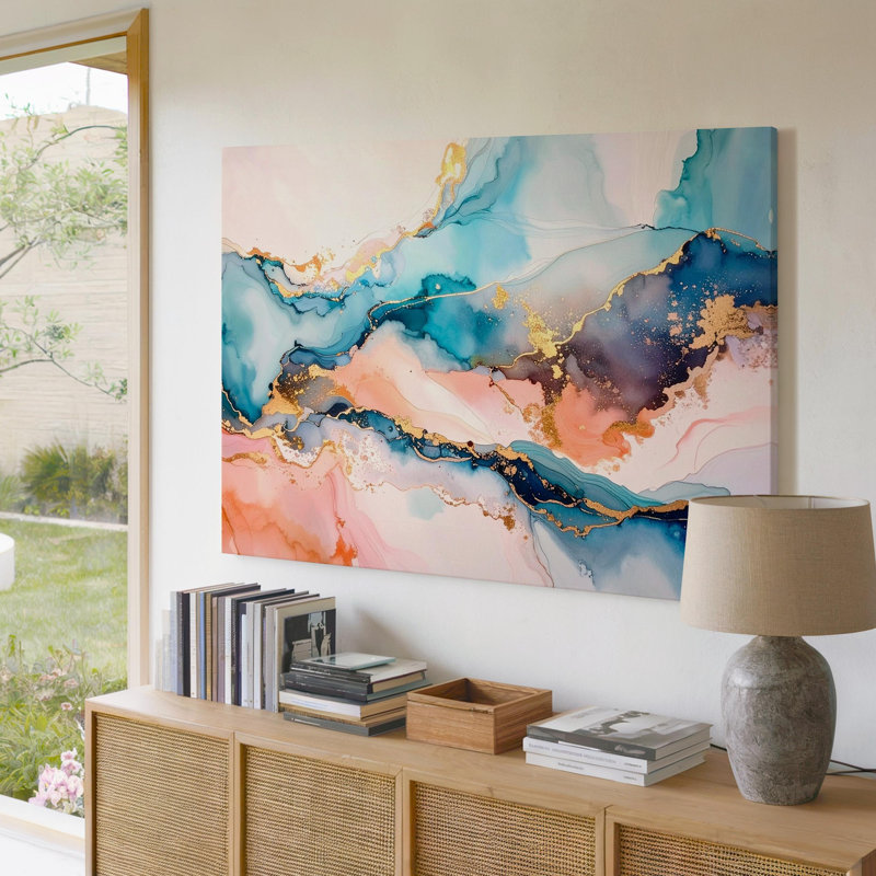 «Dreamy Horizon», art abstrait sur toile, pêche et bleu turquoise, toile tendue prête à accrocher, H 9 po x l 12 po