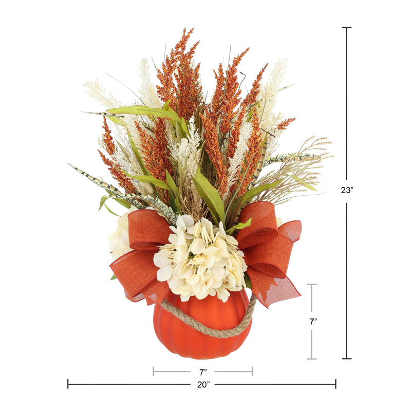 Fall Arrangement with Hydrangea and Wheat in Pumpkin Glass