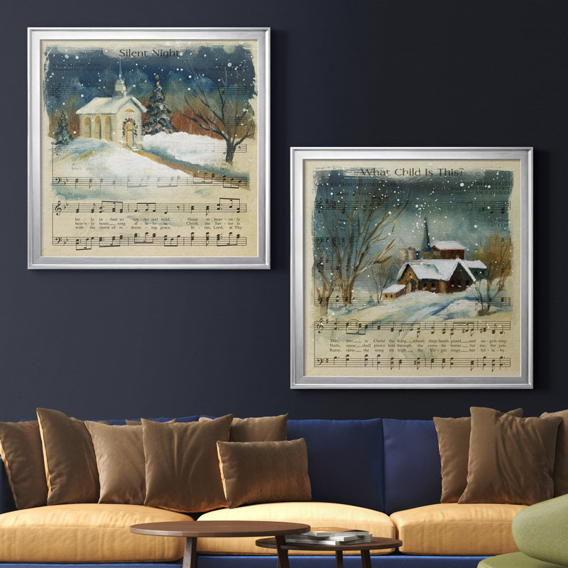Silent Night - ensemble de 2 reproductions d'impressions, H 26,5 po x l 53 po x P 1,5 po, Toile avec cadre argenté