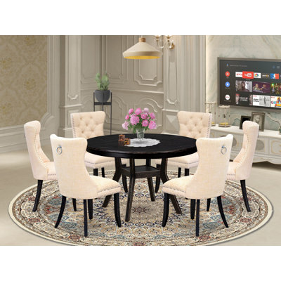 7-piece Dining Set consists of a wood table and 6 Light Beige Polyester Fabric Kitchen chair with Button Tufted Back - Sand Blasted Black