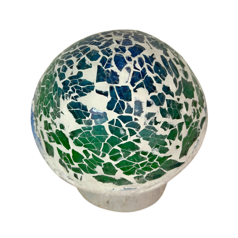 Statue de champignon en ciment de style cottage, avec chapeau en mosaïque bleue, verte et blanche, 12,5 cm de haut.