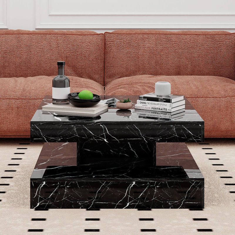 Charvez Solid Coffee Table with 16 Colors LED Lights, 78 x 78 cm, 35.5cm H x 78cm W x 78cm D, Black Marble
