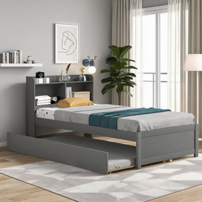 Twin Size Minimalist Solid Pine Platform Bed with Integrated Bookcase and Pull-Out Trundle, Neutral Gray