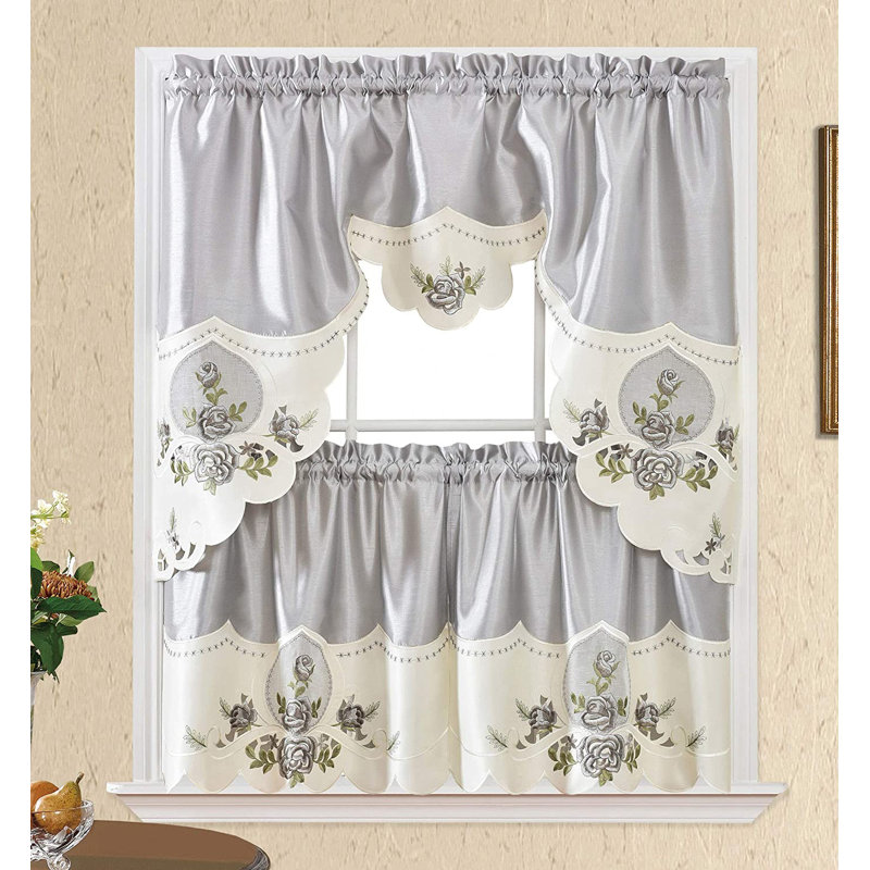 Floral Ruffled Kitchen Curtain, Gray
