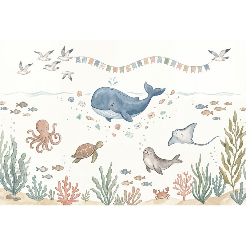 Décoration murale sous-marine baleine côtière amovible, 160 po x 108 po, Peler et coller