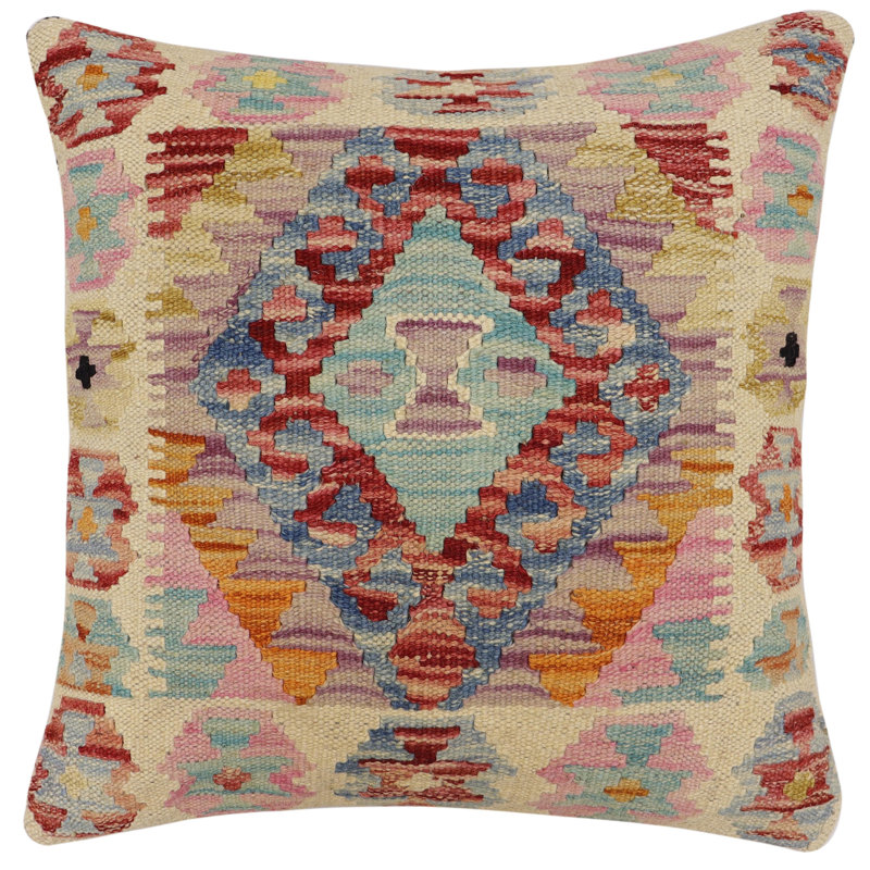 Oreiller rustique en kilim tissé à la main Caballer - 17 po x 18 po Rustic, H 17 po x l 18 po, Rouille / bleu / beige / mauve