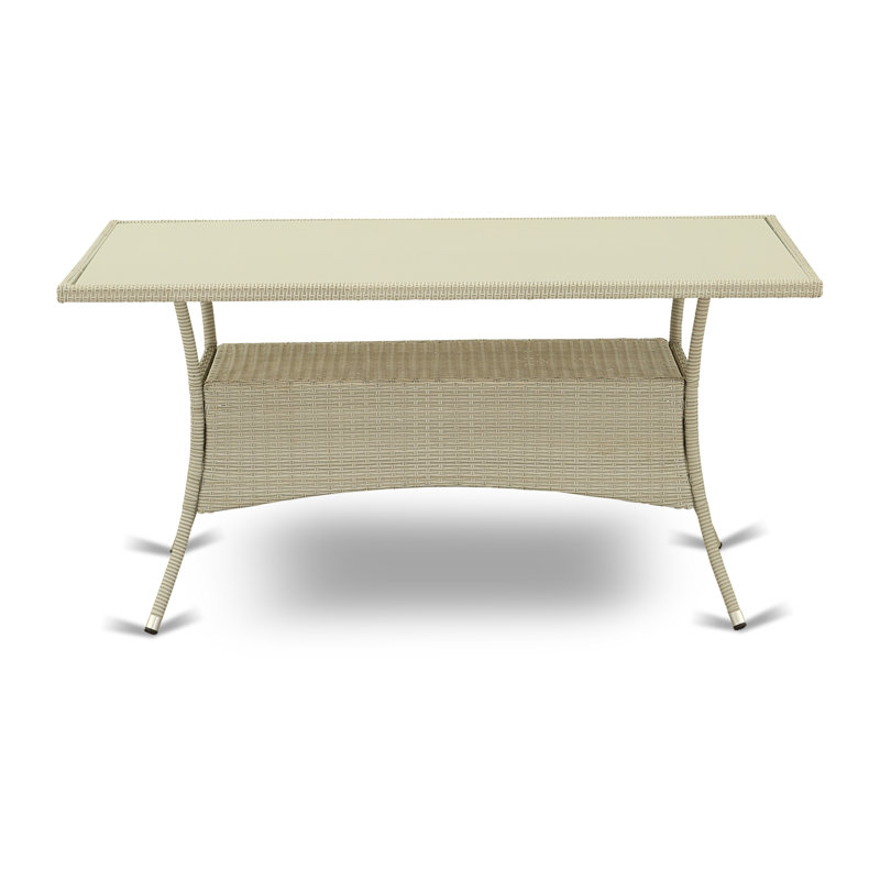 Patio Wicker Dining Table - Rectangle PE Wicker Table with Glass Top, Natural Linen, Natural Linen