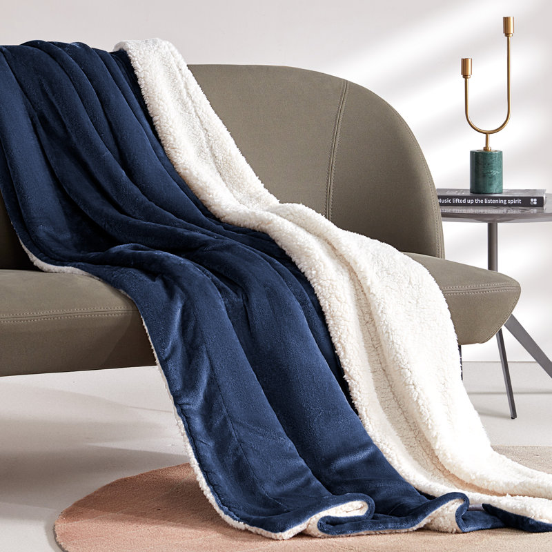 Reversible Sherpa Fleece Throw, Twin, Navy Blue