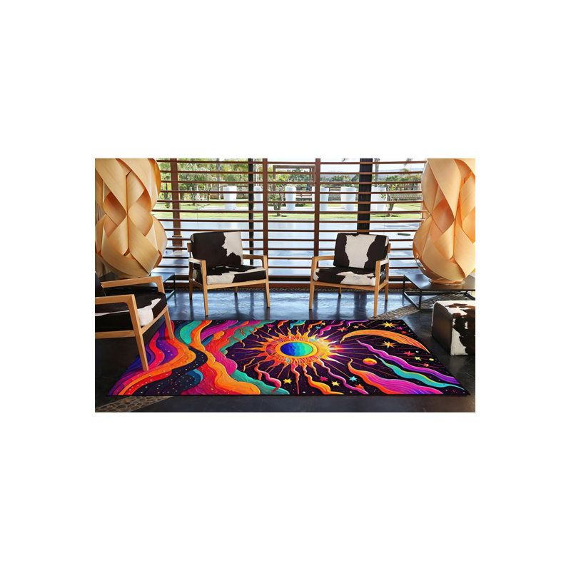Orange Sun Patterned Decorative Washable Rug, Round 3'3" Rug Pad Included
