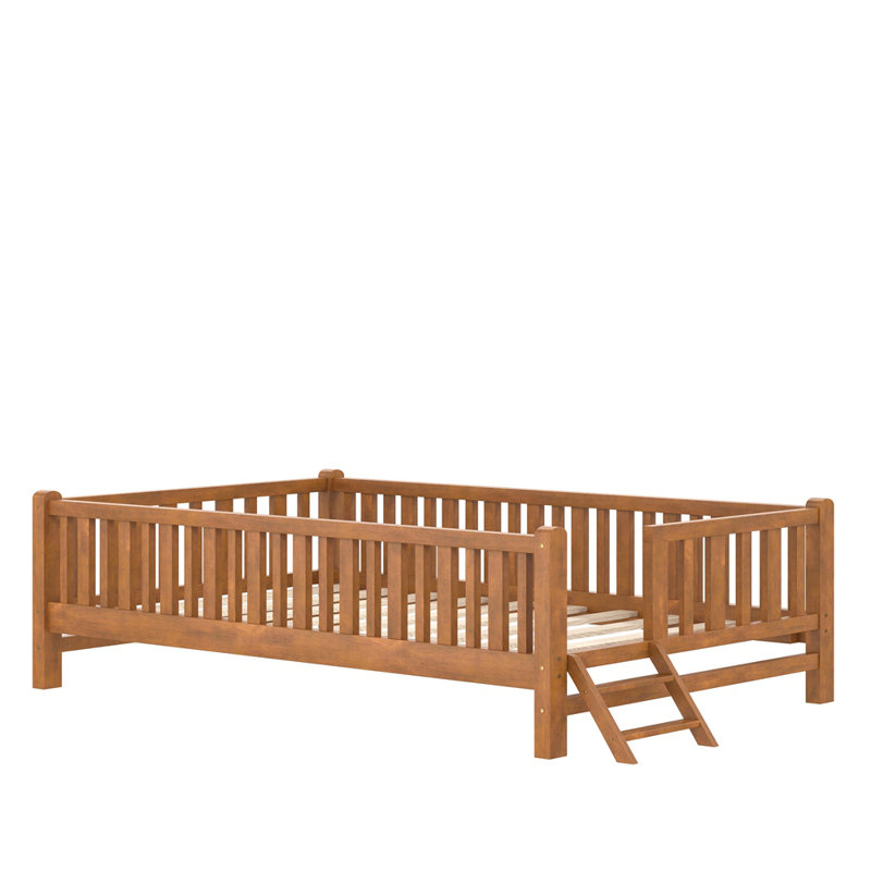 Lit plateforme en bois avec garde-corps, Walnut
