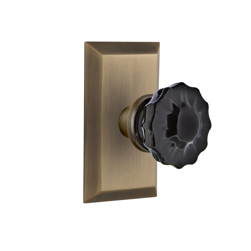 Studio Plate with Crystal Black Door Knob, Antique Brass