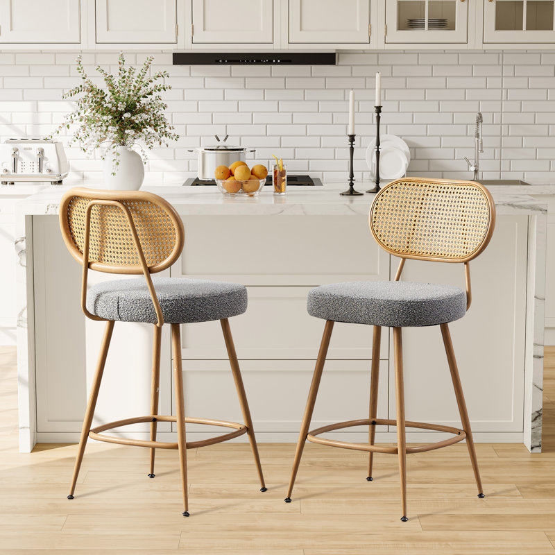 26" Modern Counter Height Stools with Rattan Backrest, Gray