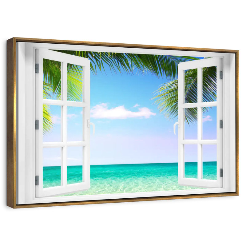 Fenêtre sur la plage turquoise, Cadre flottant doré, 37 po x 25 po