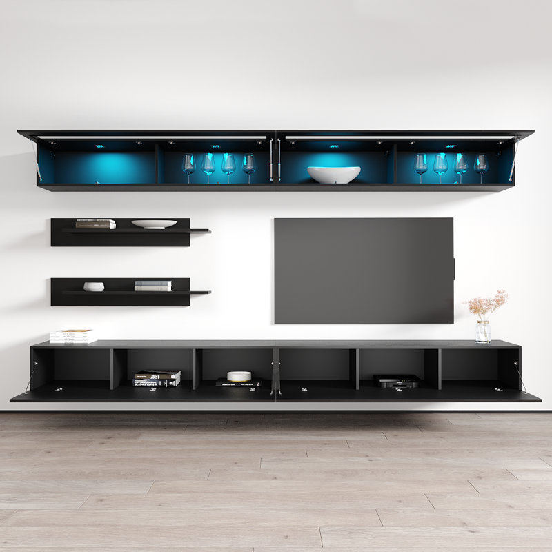 Waconia 126" Modern Floating Wall Mounted Entertainment Center with 16-Color LED Lighting, High Gloss Finish, Black