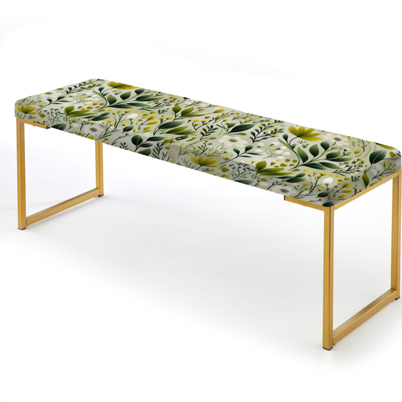 Floral Upholstered Gold Bench, Meadow Greenery Botanical Green