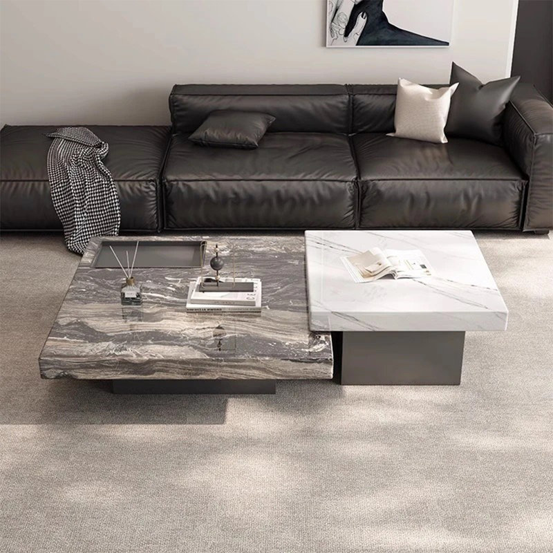 Table basse carrée en marbre italien, 17.7" H x 59" W x 35.4" D, Noir / Blanc / Doré