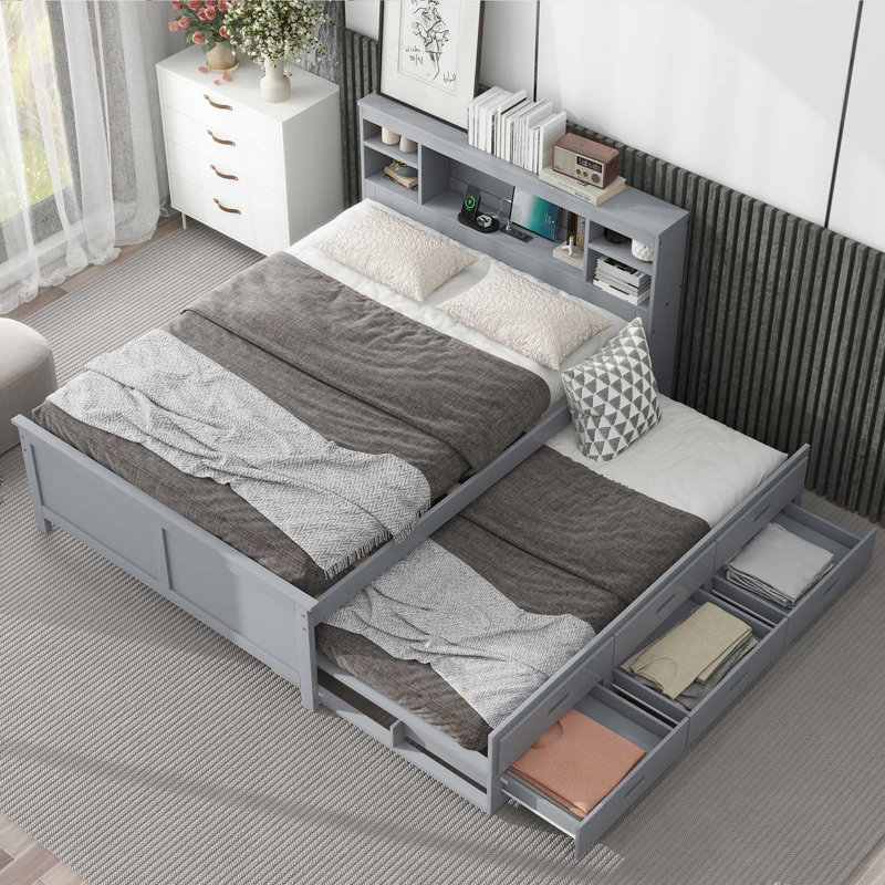 Lit plateforme avec tête de rangement, USB, lit gigogne et 3 tiroirs, gris, Lit double