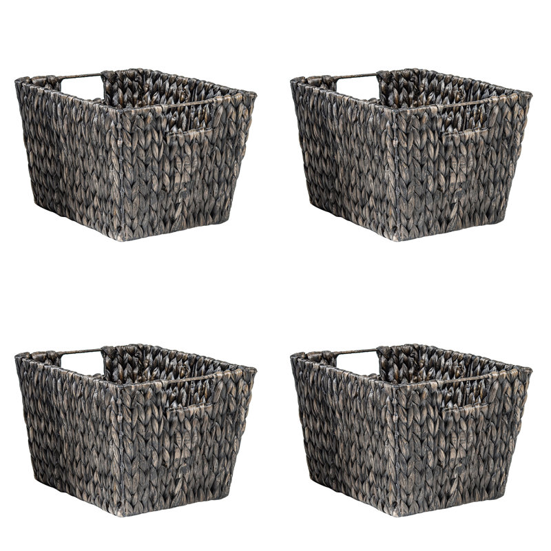 Hyacinth Storage Basket with Handles, Rectangular, Black