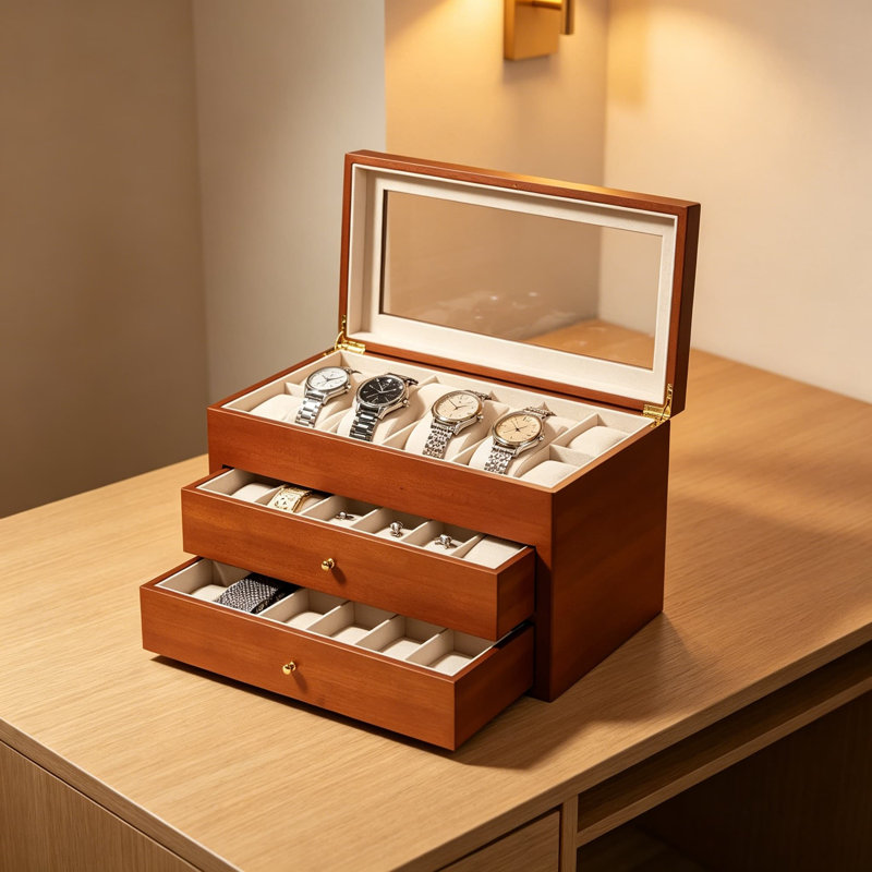 Boîte à montre en bois de cerisier pour 36 montres - Organisateur à plateau en verre avec 2 tiroirs et doublure en velours, brun