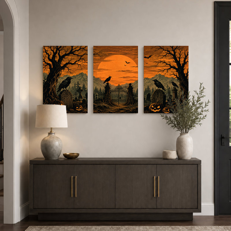 Cimetière orange clair de lune avec corbeaux et Halloween - Ensemble de 3 toiles murales, 18"H x 12"W x 3pcs