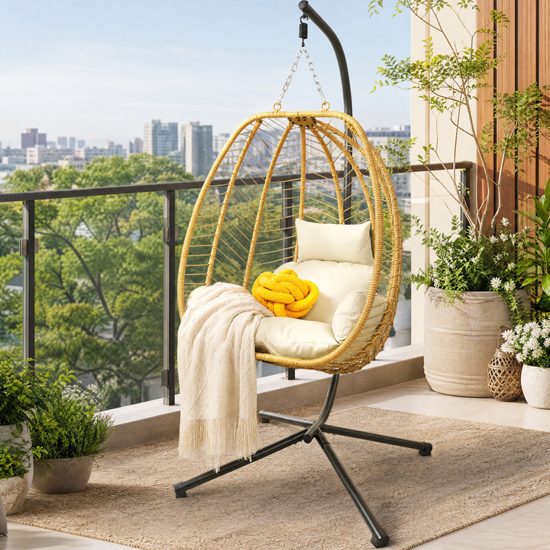 Yellow PE Rattan Hanging Egg Chair with Stand and Cushions