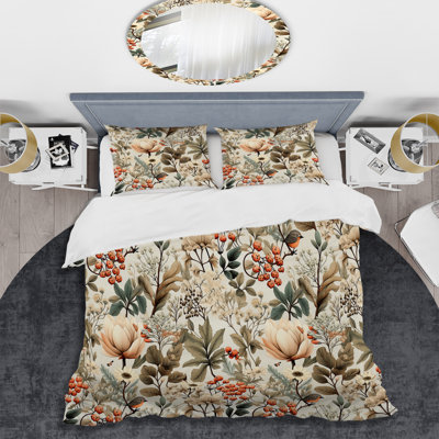 Floral Duvet Cover Set, Woodland Botanical Pattern Bedding - Vintage Woodland Natural Tones Planes I